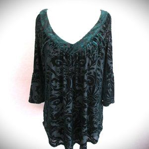 OFF-SHOULDER TOP Dark Green Black Swirls Bell Sleeves Tie Back Vintage Retro